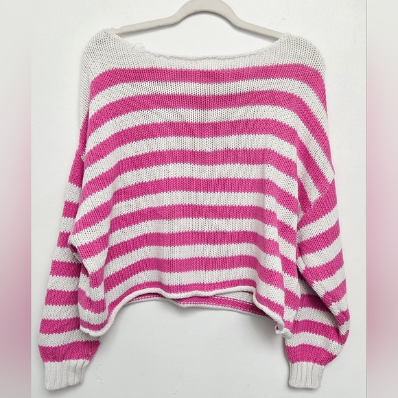 Aerie Off-the-Shoulder Boat Neckline Pink&White Stripe Cotton Blend XL Sweater - Picture 2 of 11